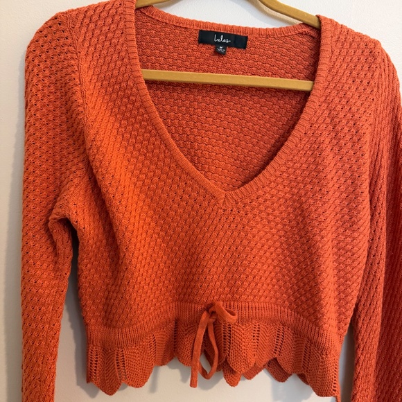 Lulus Total Frills Rust Orange Knit Drawstring Cropped Sweater Top - Picture 6 of 10